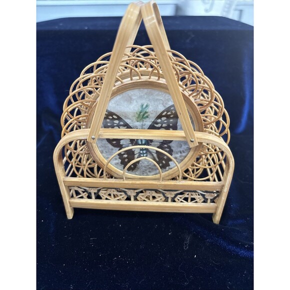 Vintage 1970s Pressed Butterfly Wood And Acrylic Coaster Set of 4 In Carrier - Picture 1 of 4